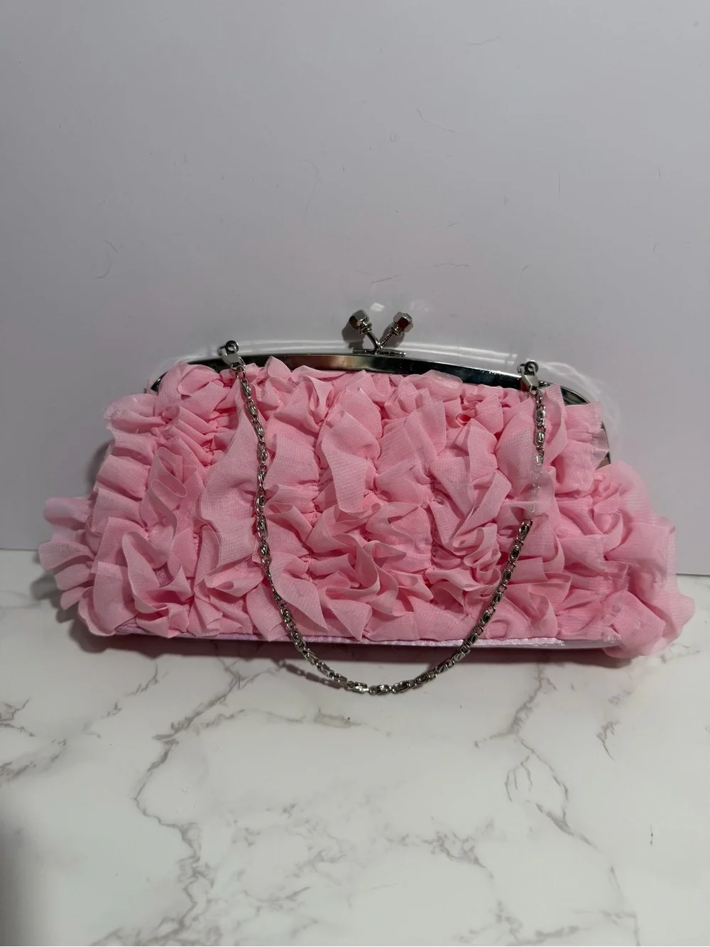 Pink Ruffle Evening Clutch/Crossbody Crystal Embellished Kiss-Lock Handbag